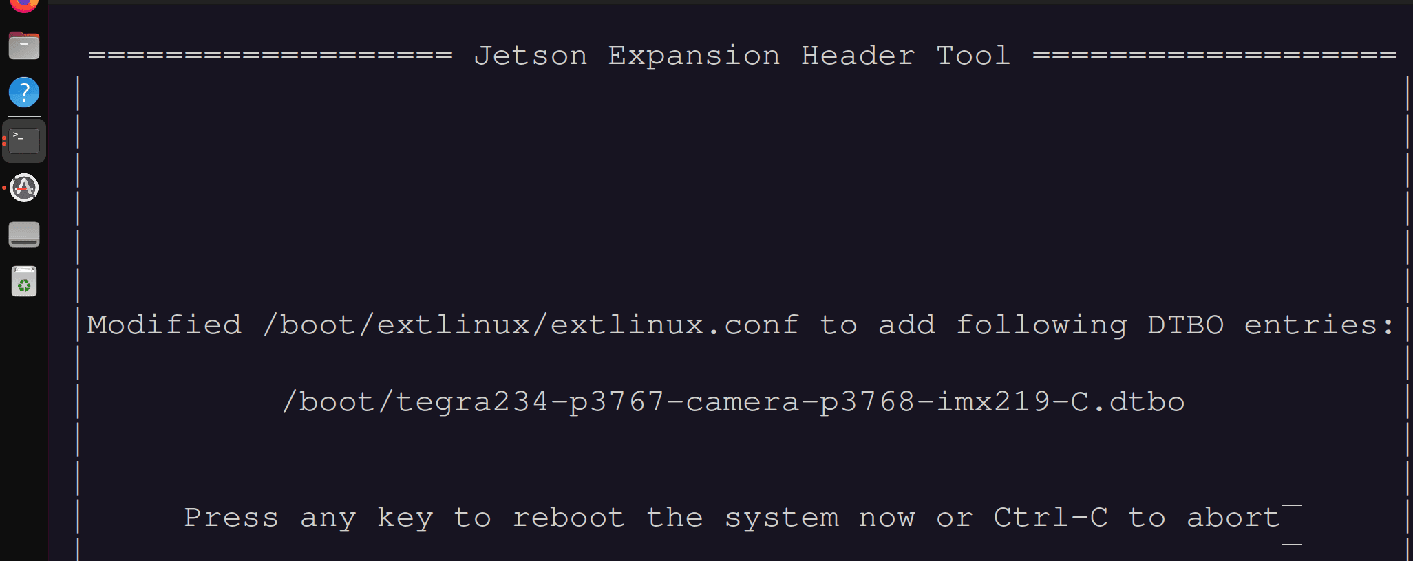 Reboot confirmation screen