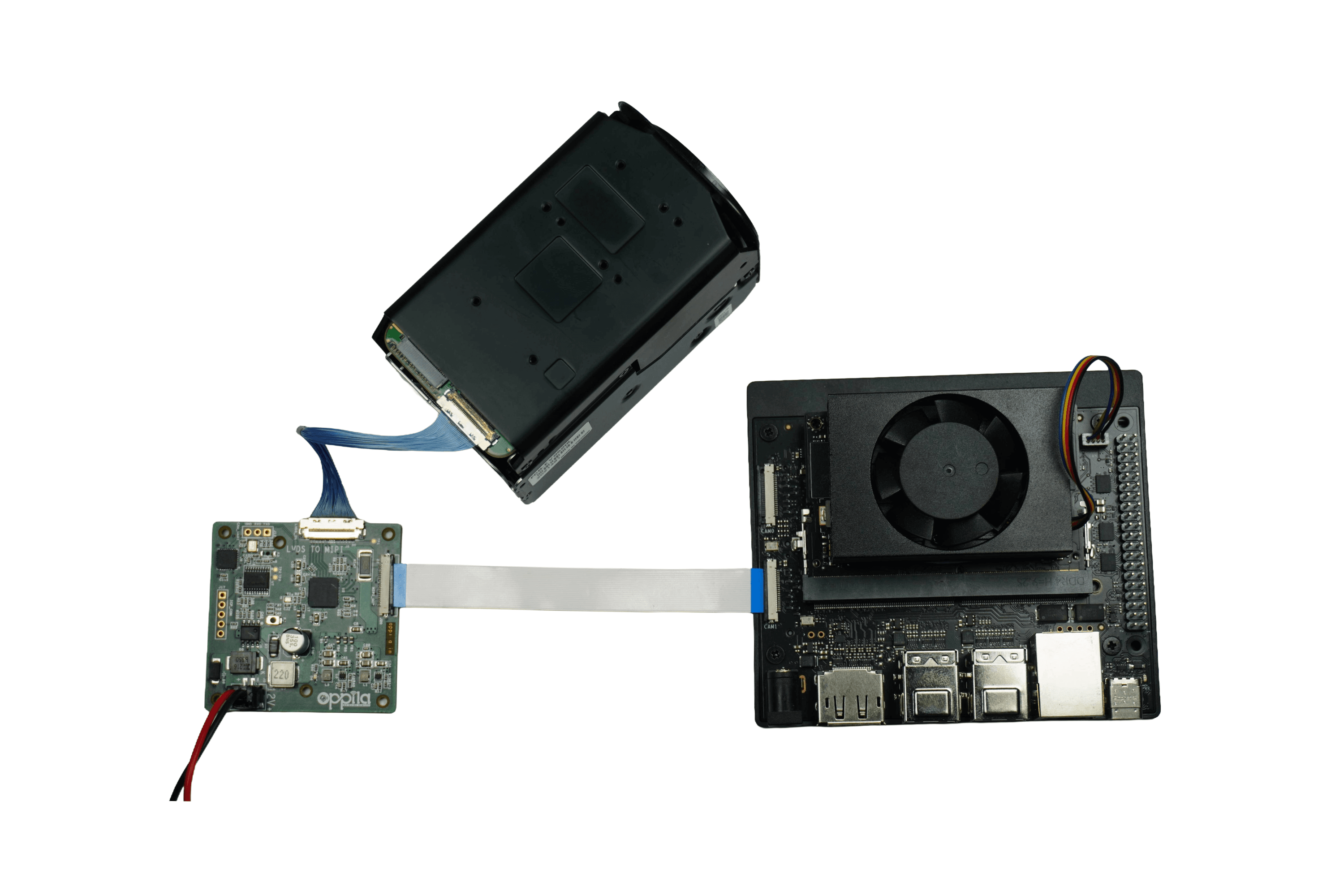 Full connection setup — Camera, Bridge Board, and Jetson