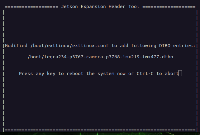 Reboot confirmation screen