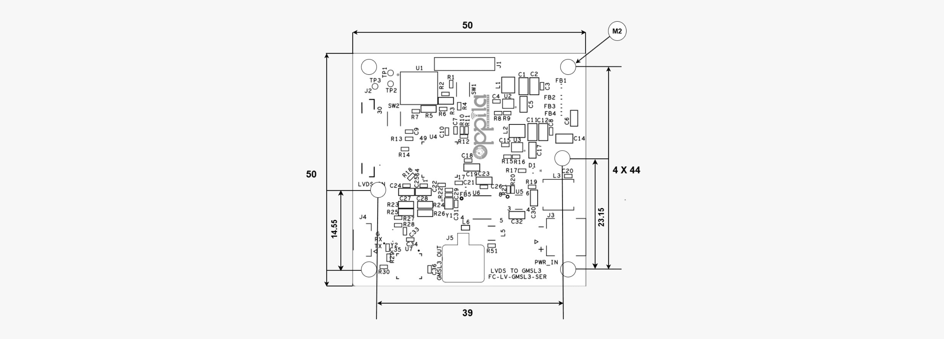 LVDS to GMSL3 Serializer Board Dimensions